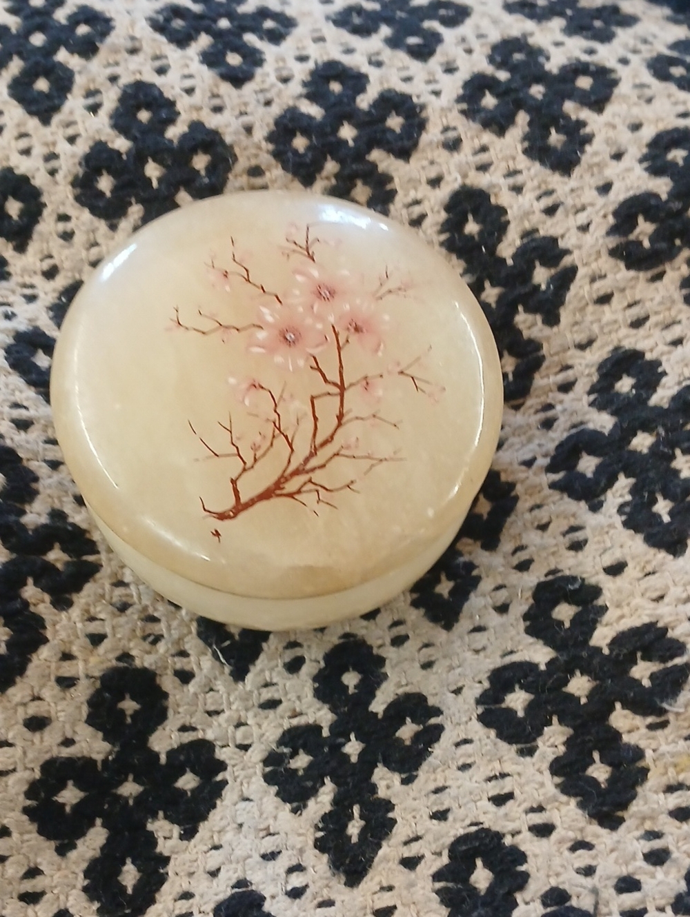 Hand-Painted Cream Stone Trinket Box with Pink Blossom Accent